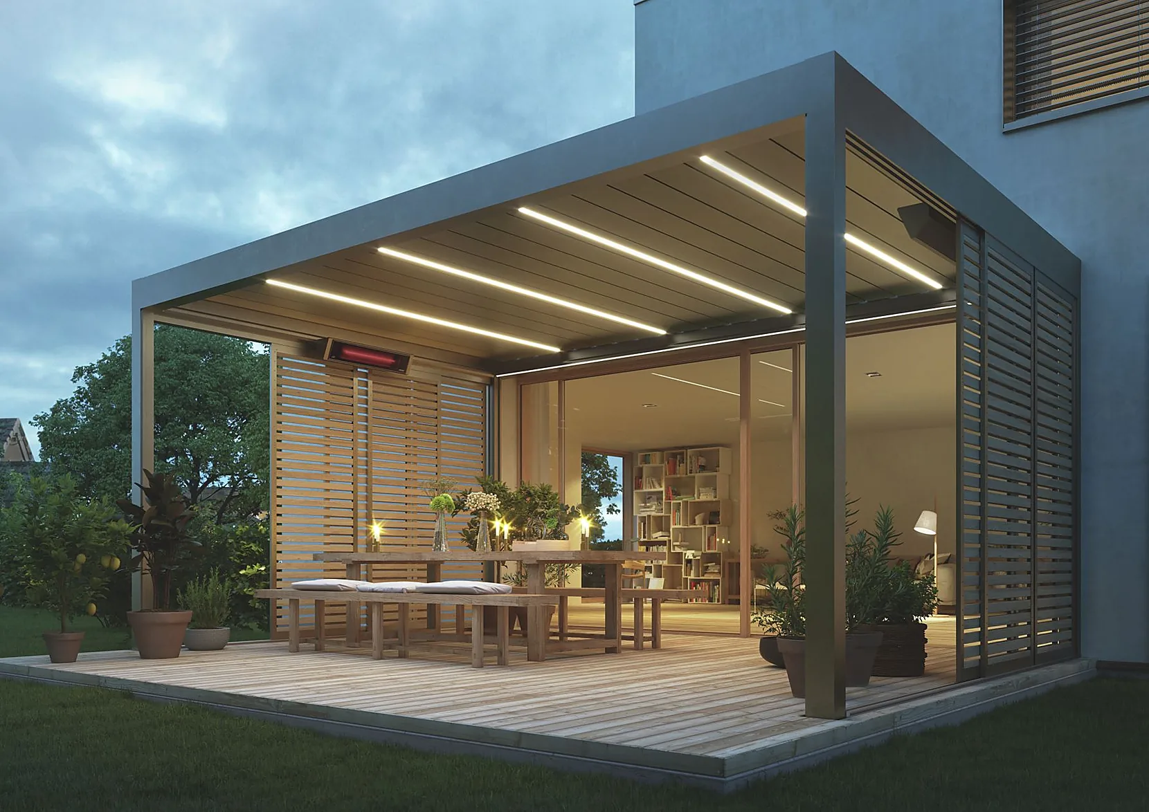 Architektonisches Lamellendach mit integrierten Lichtlinien in der Abenddämmerung
